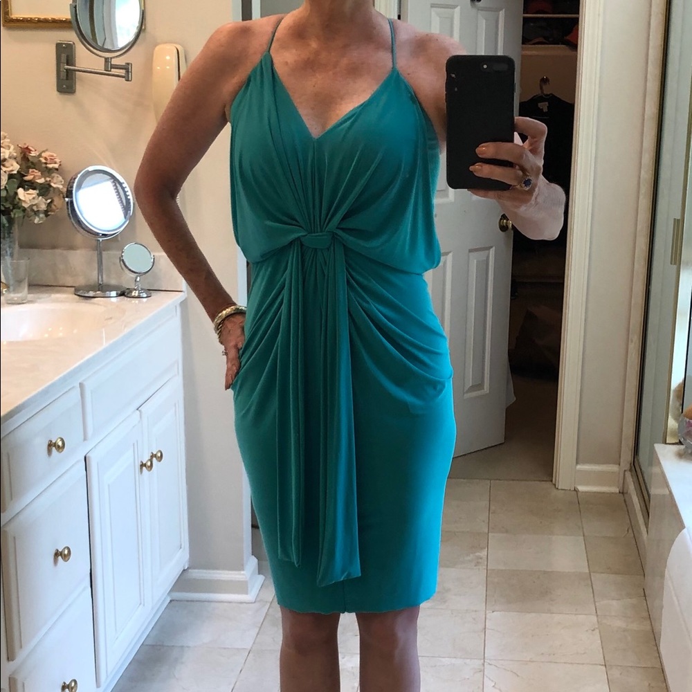 Evening cocktail dress gathered stretch green, SzS